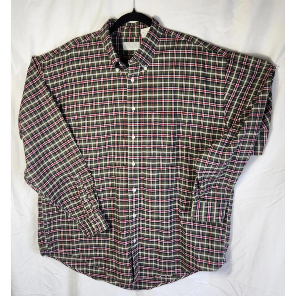 King Size big and tall men's XL shirt green plaid cotton button up short sleeve